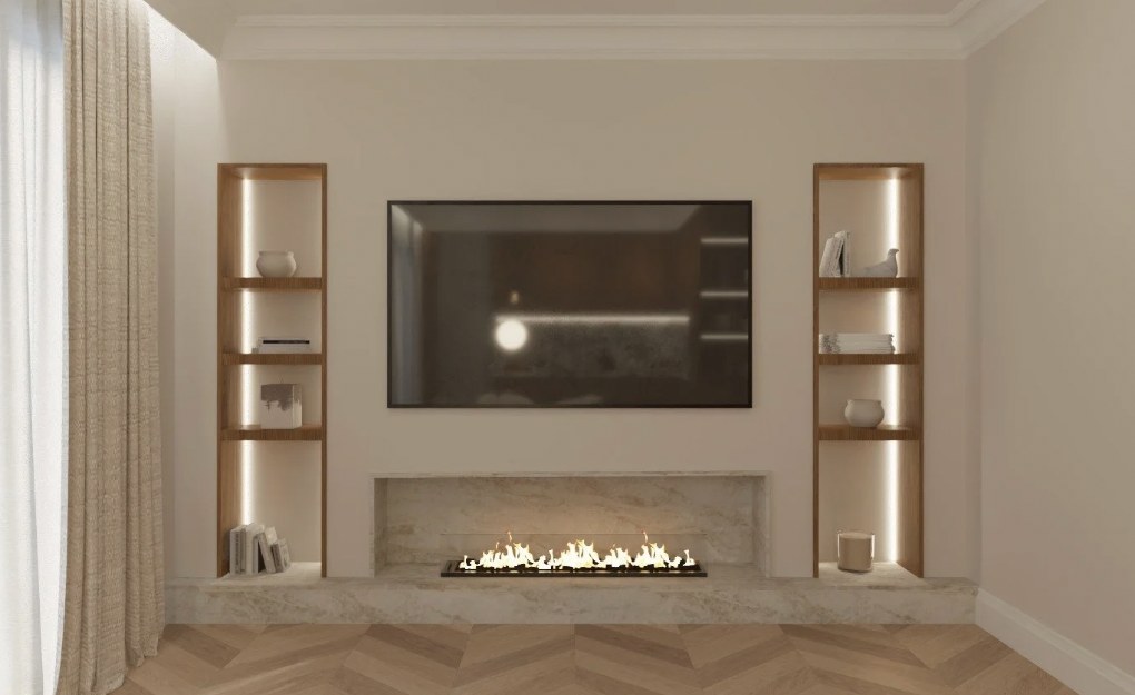 Render of the Duque de Sesto living room with fireplace and lit shelving