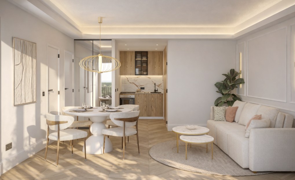 Render of the San Marcos 29 living and dining room with open kitchen